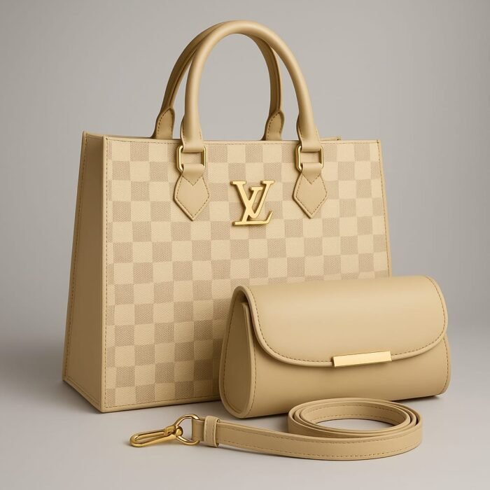 Beige Checker Tote Handbag Set
