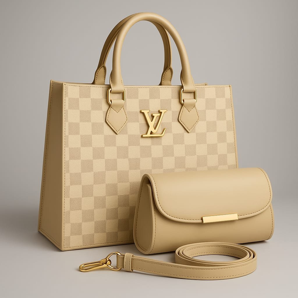 Beige Checker Tote Handbag Set