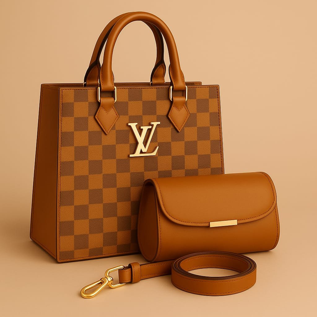 Luxury Brown Checkered Handbag Set