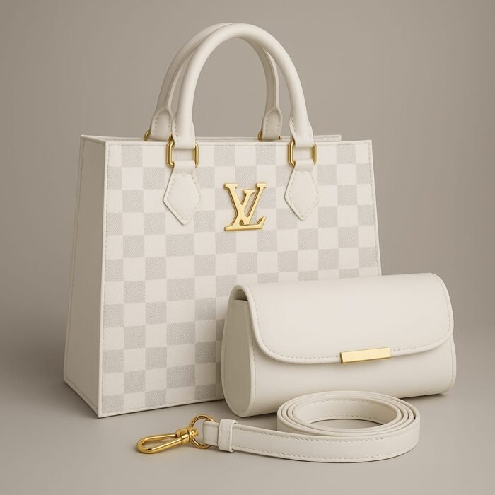 White Checker Tote Handbag Set