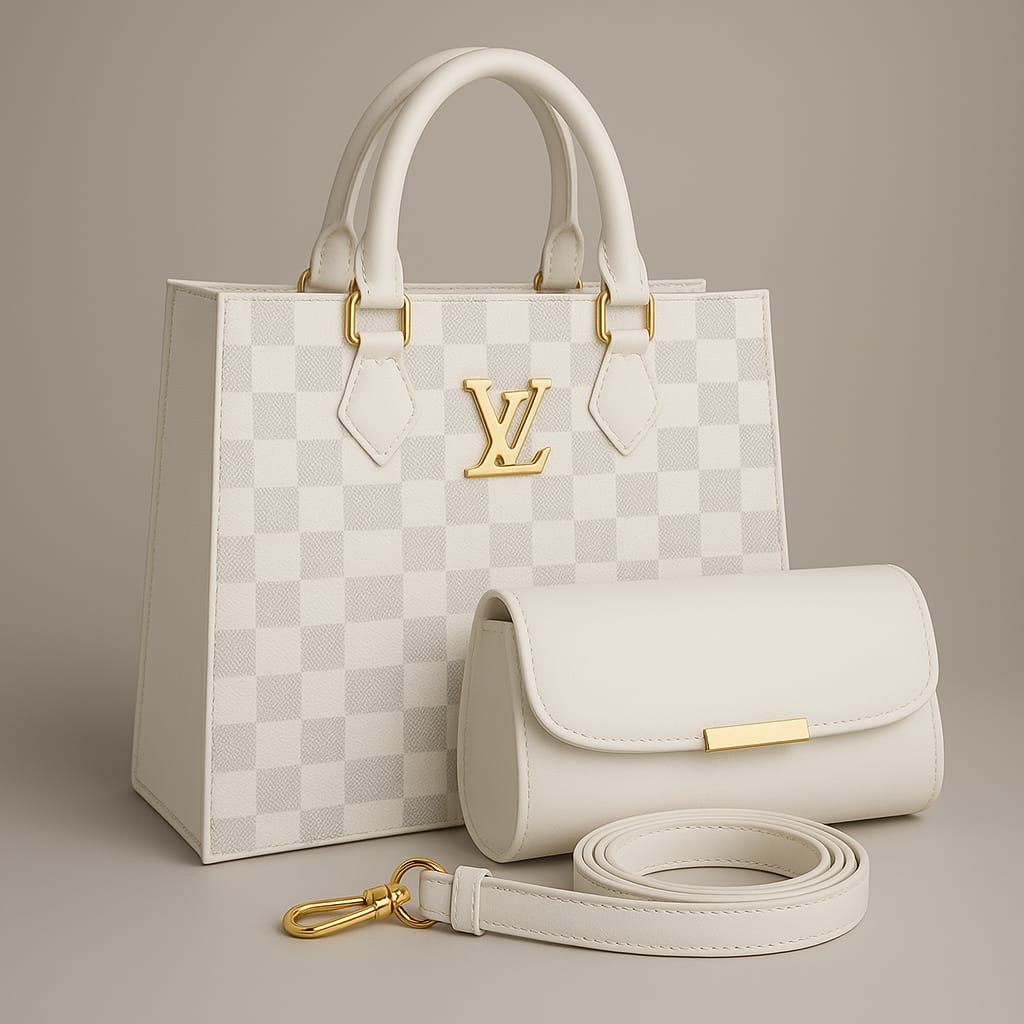 White Checker Tote Handbag Set