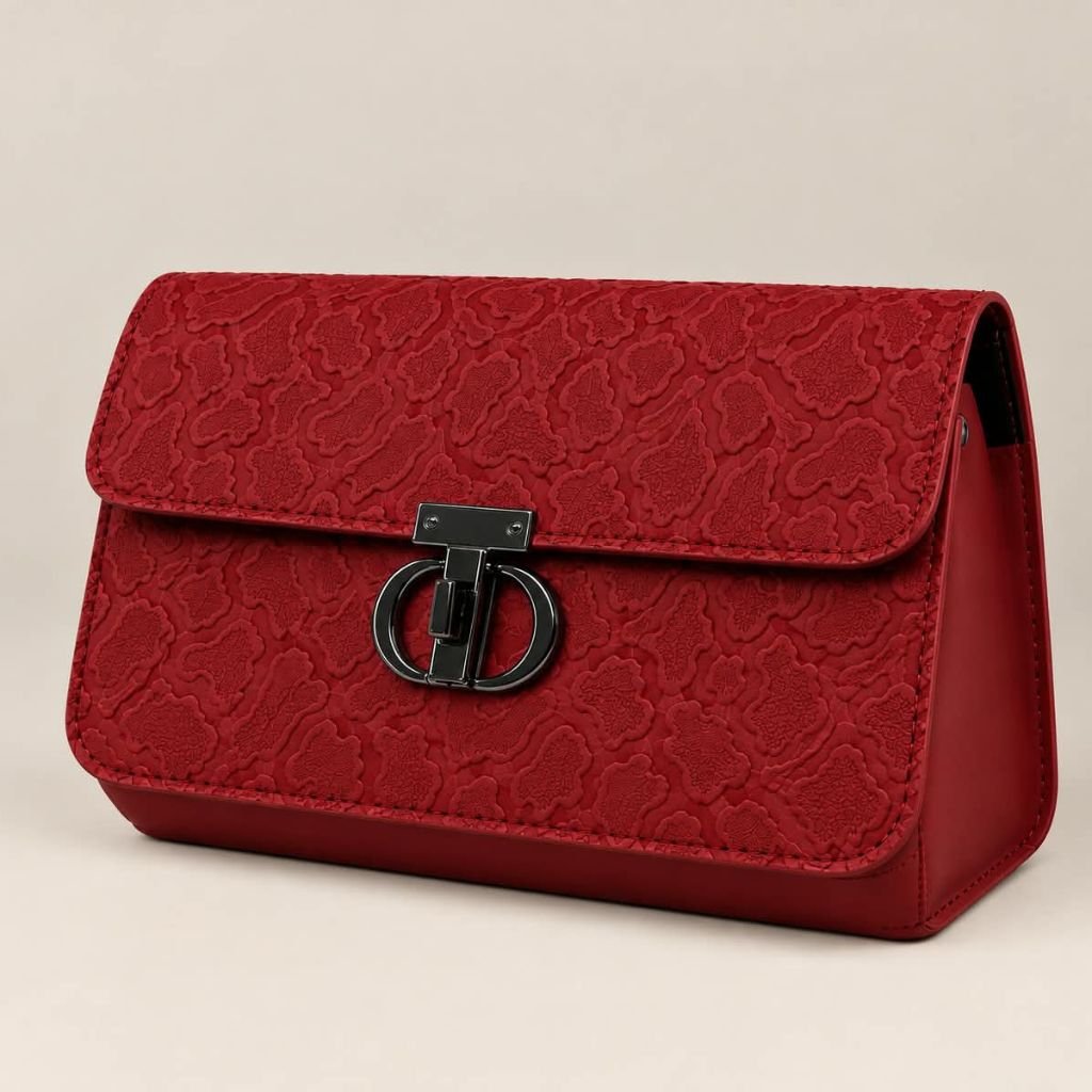 Elegant Red Patterned Clasp Shoulder Bag
